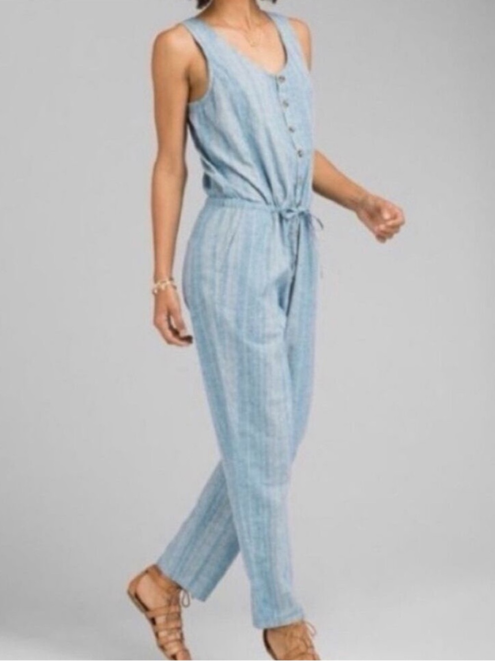 Prana Light Blue Button-Front Hemp Blend Sleeveless Jumpsuit size Medium